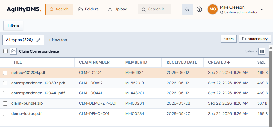 AgilityDMS search workspace